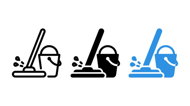 Floor cleaning icon set with mop bucket and water vector illustration