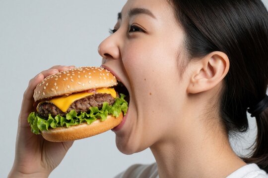 Side view of young Asian woman eating big juicy burger. Female client takes large bite of cheeseburger with lettuce, beef patty. Hungry girl enjoys fast food meal with delicious snack at home
