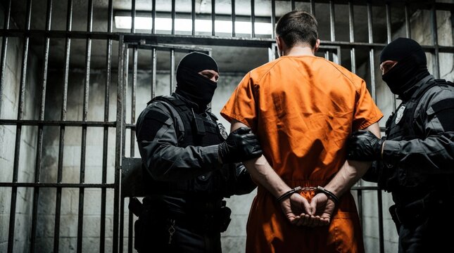 Prison officers in black tactical gear, masks arrest inmate in orange jumpsuit. Handcuffed convict stands in holding cell with metal bars. Security staff control criminal inside jail facility during