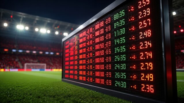 A digital scoreboard at a stadium red and green numbers during a night time football match sports de