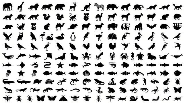 Wild animal silhouettes vector icon mega pack, black fauna shapes collection, isolated wildlife mammals birds marine life and reptiles set