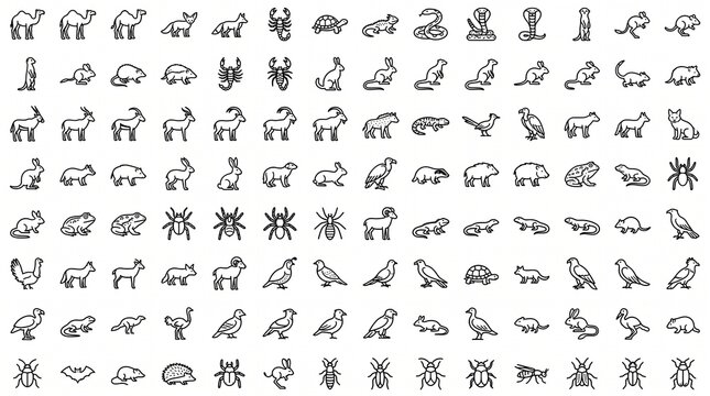 Minimalist animal line icons collection, desert wildlife vector outline symbols set, fauna icon set for web design
