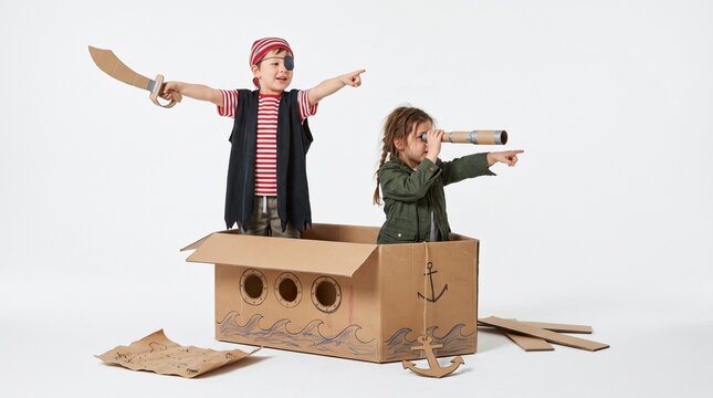 Children playing pirates in a cardboard box ship with spyglass and sword