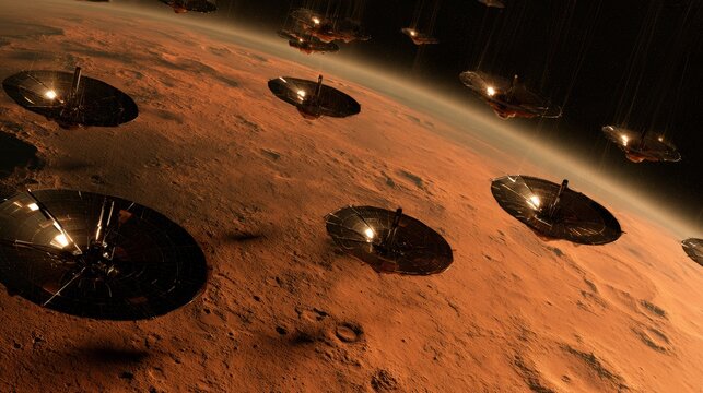 Concept showing an early stage of Mars terraforming with orbital mirrors heating specific areas and thickening the atmosphere over time