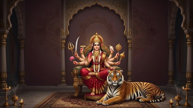 Goddess durga sitting on a throne with a tiger in a traditional temple setting with oil lamps