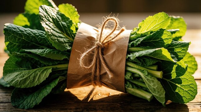 Fresh organic green leafy vegetables wrapped in brown paper, tied with jute string. Bunch of healthy salad leaves like spinach mustard sits on rustic wooden table. Raw eco friendly garden harvest for