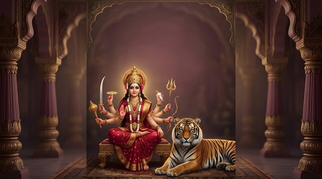 Goddess durga seated on a throne with a tiger in a grand temple architecture