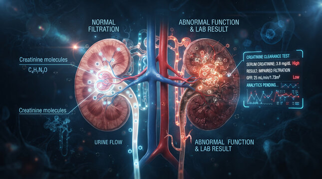 Medical illustration comparing healthy kidney filtration with impaired renal function and high creatinine levels