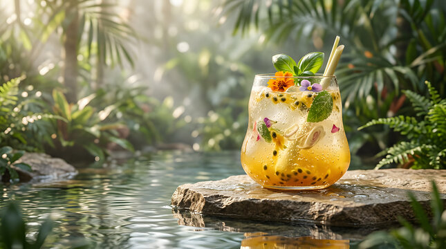 Premium tropical sparkling botanical drink with passion fruit, lemongrass, basil and edible flowers, photographed in soft morning sunlight with realistic condensation and elegant natural surroundings.