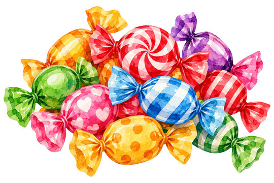 Watercolor candy pile with assorted wrapped sweets in vibrant colors on transparent background