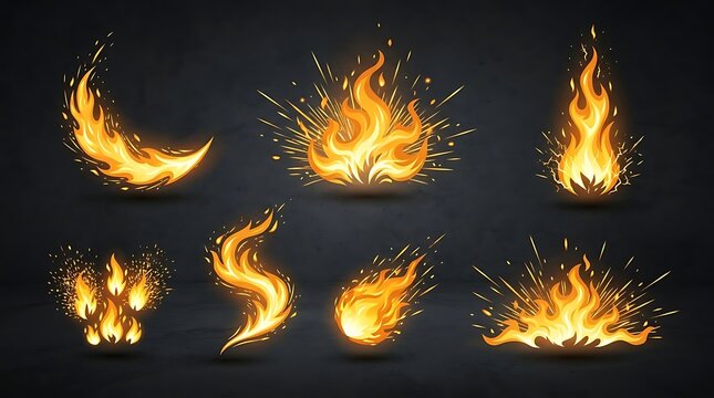 Dynamic fire flames and explosion vector set. Golden orange glowing flames with crackling sparks in various fiery shapes and motions. Solid vector illustration for energy, danger, and passion themes
