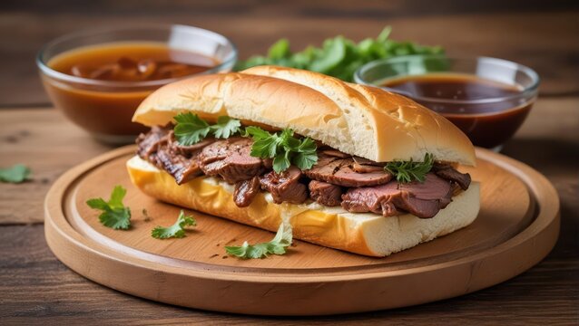 A juicy French Dip sandwich placed on a wooden cutting board, with a side glass containing au jus sauce and a sprinkle of fresh parsley on top , lunch, french dip sandwich