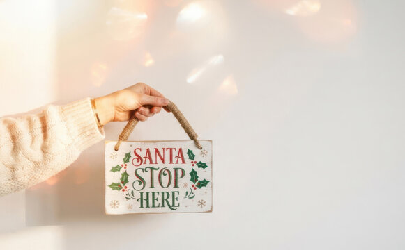 Woman holding Santa stop here Christmas sign against white background with bokeh lights