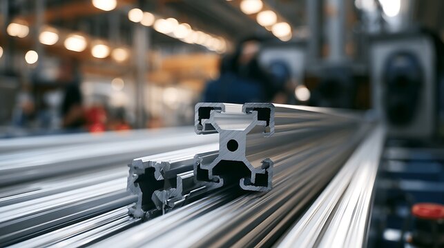 Aluminum extrusion profiles stacked in a factory setting.