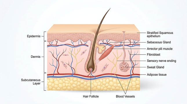 Human skin anatomy diagram showing layers and structures