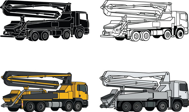 Concrete pump truck set in colored and outline styles for construction design