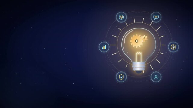 Glowing light bulb with mechanical gears and digital interface icons for business innovation and problem solving.