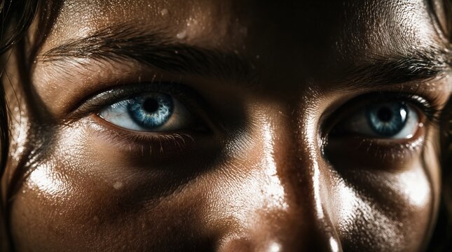 Extreme close up of intense blue eyes. Sweat drops on skin show heavy effort, hard work. Determined gaze expresses grit, mental strength. Focused person faces big challenge with courage, willpower