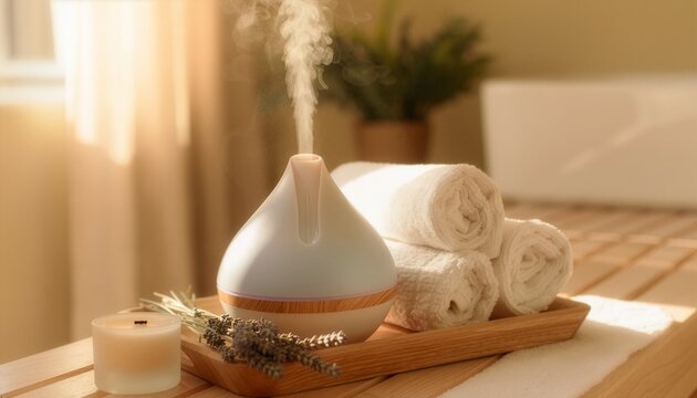 Home spa aromatherapy setup, essential oil diffuser releasing a subtle mist beside rolled towels, lavender flowers, small candle and wooden tray.