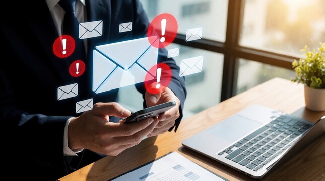 Businessman uses smartphone at office desk near laptop. Digital phishing warning with red exclamation marks floats over screen. Man checks email for cyber attack scam alert. Online security risk,