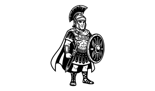 Ancient Roman warrior character with armor sword shield and cape black white vector art