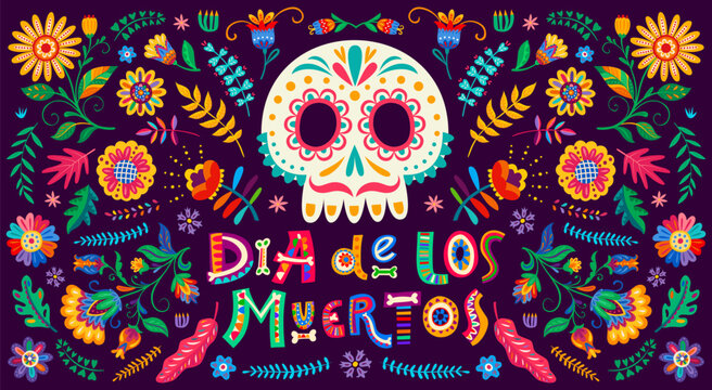 Mexican Day of the Dead Dia de Los Muertos holiday banner with colorful decorative lettering and sugar skull. Traditional folk art composition with marigold flowers for Day of the Dead events