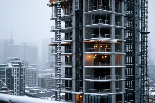 A skyscraper under construction during a snowstorm, showcasing the building's skeleton and lit-up floors against a hazy city background