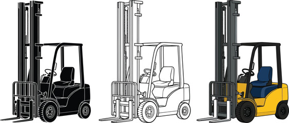 Forklift warehouse vehicle in color, black silhouette, and line art vector © Rafil