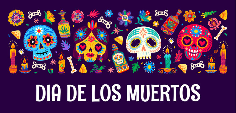 Day of the Dead Dia de Los Muertos holiday banner. Vibrant holiday banner with bold white lettering, calavera skulls, tequila bottles, bones and marigold flowers. Dark banner for Mexican holiday event
