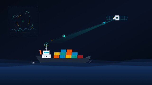 Cargo ship sailing at night connecting with a satellite using a laser link and radar display
