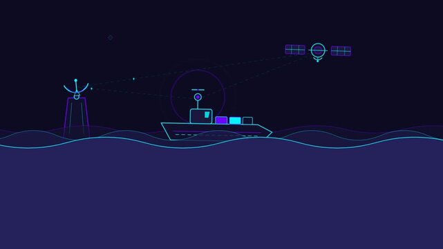 Animated neon line art of a ship communicating with a satellite and tower on ocean waves