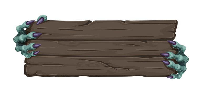 Halloween scary monster hands with blank wooden sign board banner. Vector creepy ghoul cracked signboard with aged wood texture made of rough planks held by green zombie hands with long purple claws