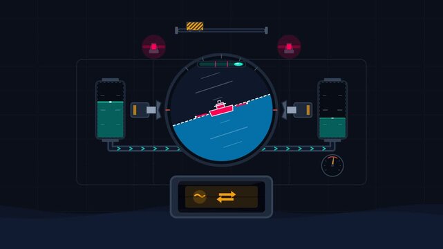 Futuristic radar dashboard control interface animation with ship warning