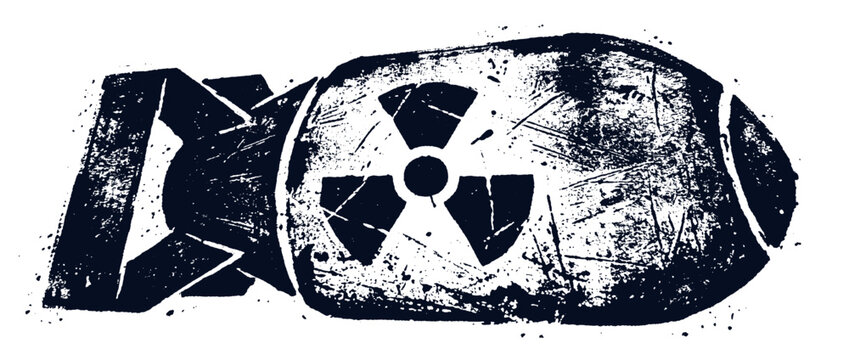 Nuclear radiation warning symbol with bomb silhouette. Atomic hazard emblem design. Vector illustration.