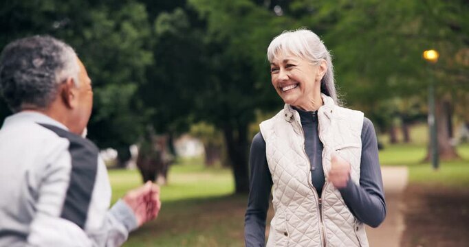 Senior, couple and warm up with high five outdoor, exercise and wellness with cardio support. Steps, fitness and happy woman with man for motivation, healthy lifestyle and workout prep in retirement