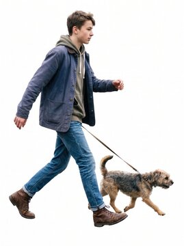 Smiling man walking his cute mixed-breed dog on a leash against a white background123