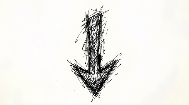 Hand-drawn black sketchy arrow pointing down on white.