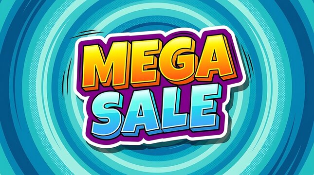 Bright neon mega sale promotion banner. Bold text with vibrant purple, yellow, and cyan colors. Glowing digital effects for online discount campaigns and e-commerce marketing