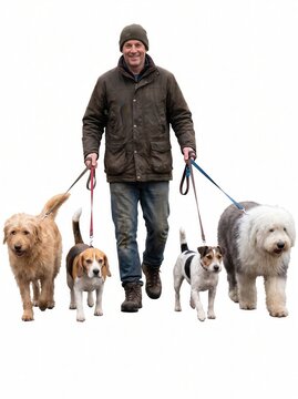 Happy mature man walking multiple dogs on leashes against a white background123