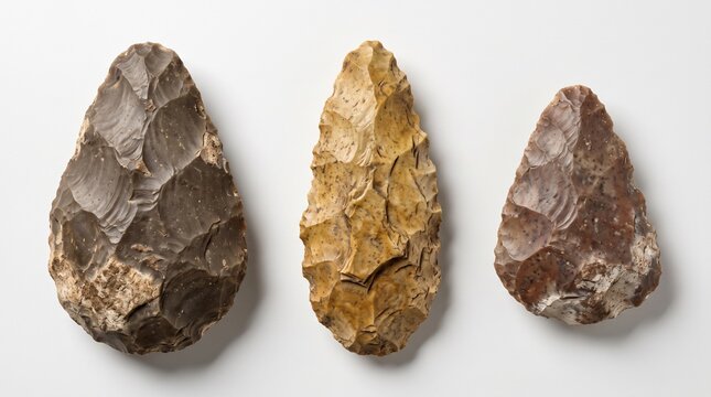 Ancient Paleolithic chipped stone artifacts including flint handaxe specimens
