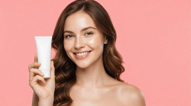Smiling young woman holds white cosmetic tube against pink background. Beautiful female model with glowing skin shows beauty product for skincare routine. Happy girl presents moisturizer lotion in