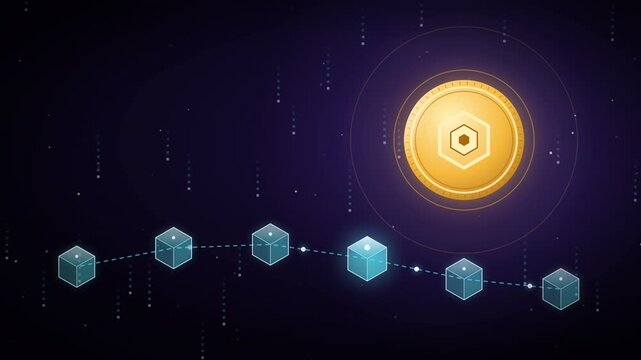 Abstract digital background featuring a blockchain network with interconnected cubes and a glowing golden coin icon.