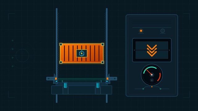 Futuristic digital animation of orange container lowering on vertical lift