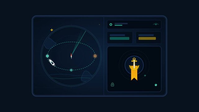 Digital radar navigation interface showing a boat icon moving along an orbital path on a dark dashboard screen
