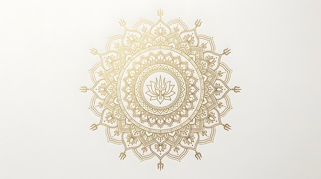 Intricate golden mandala with central lotus and trishul symbols isolated on white background