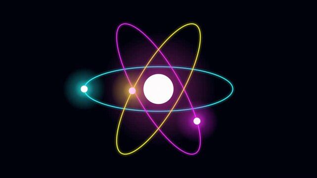 Vibrant Atomic Particle Diagram with Glowing Electron Orbits on Dark Background
