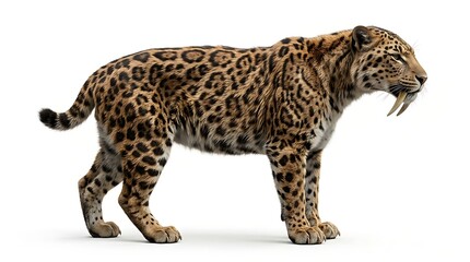 Fototapeta premium A detailed full-body side view of a prehistoric saber-toothed tiger with spotted fur, standing on a clean white background.