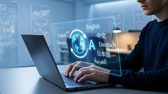 Multilingual language learning and translation interface. Person typing on laptop with holographic globe and language flags. Professional office workspace with multilingual text overlay