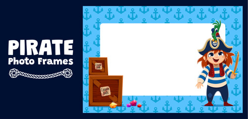 Naklejka premium Kids photo frame with funny pirate girl captain. Nautical border design featuring wooden treasure crates, colorful gems and green parrot. Pirate photo frame for birthday photo borders and invitations