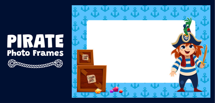 Kids photo frame with funny pirate girl captain. Nautical border design featuring wooden treasure crates, colorful gems and green parrot. Pirate photo frame for birthday photo borders and invitations
